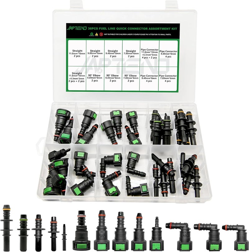 Japtend 36pcs Fuel Line Quick Connect Assortment Kit, 13 Sizes Fuel Line Repair Kit Straight Elbow Pipe Connector Fittings SAE 6.3mm to 11.8mm - Image 1